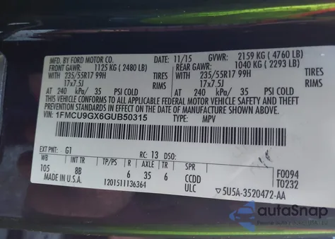 2016 Ford Escape Se from USA, damaged, VIN 1FMCU9GX6GUB50315